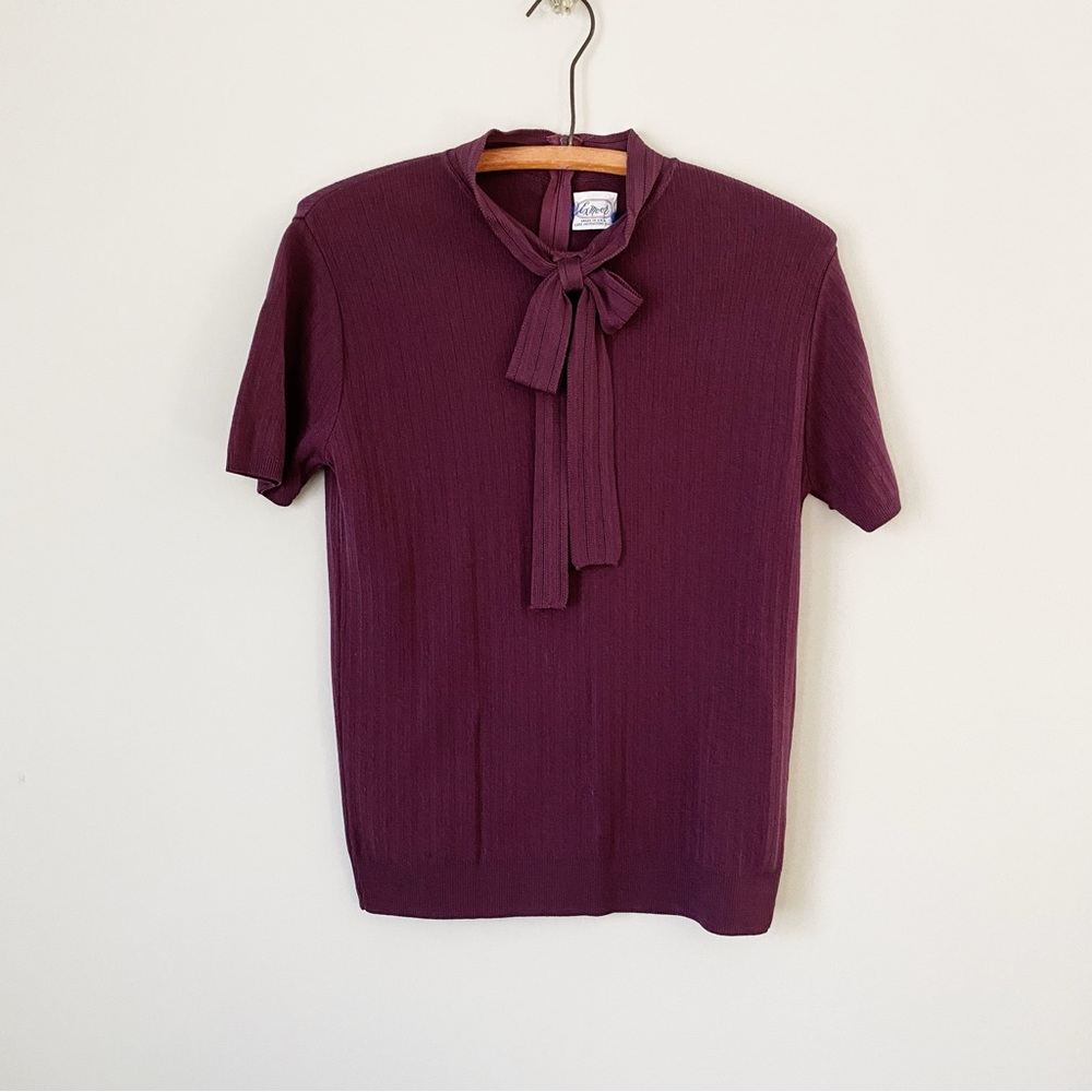 Vintage Purple Tie Neck Form Fitting Secretary Top Knit Short Sleeve Sweater S M